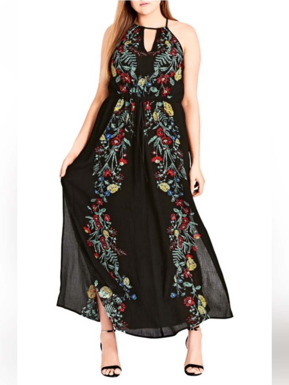 City Chic Black Halter Maxi Dress with Multicolor Floral Embroidery